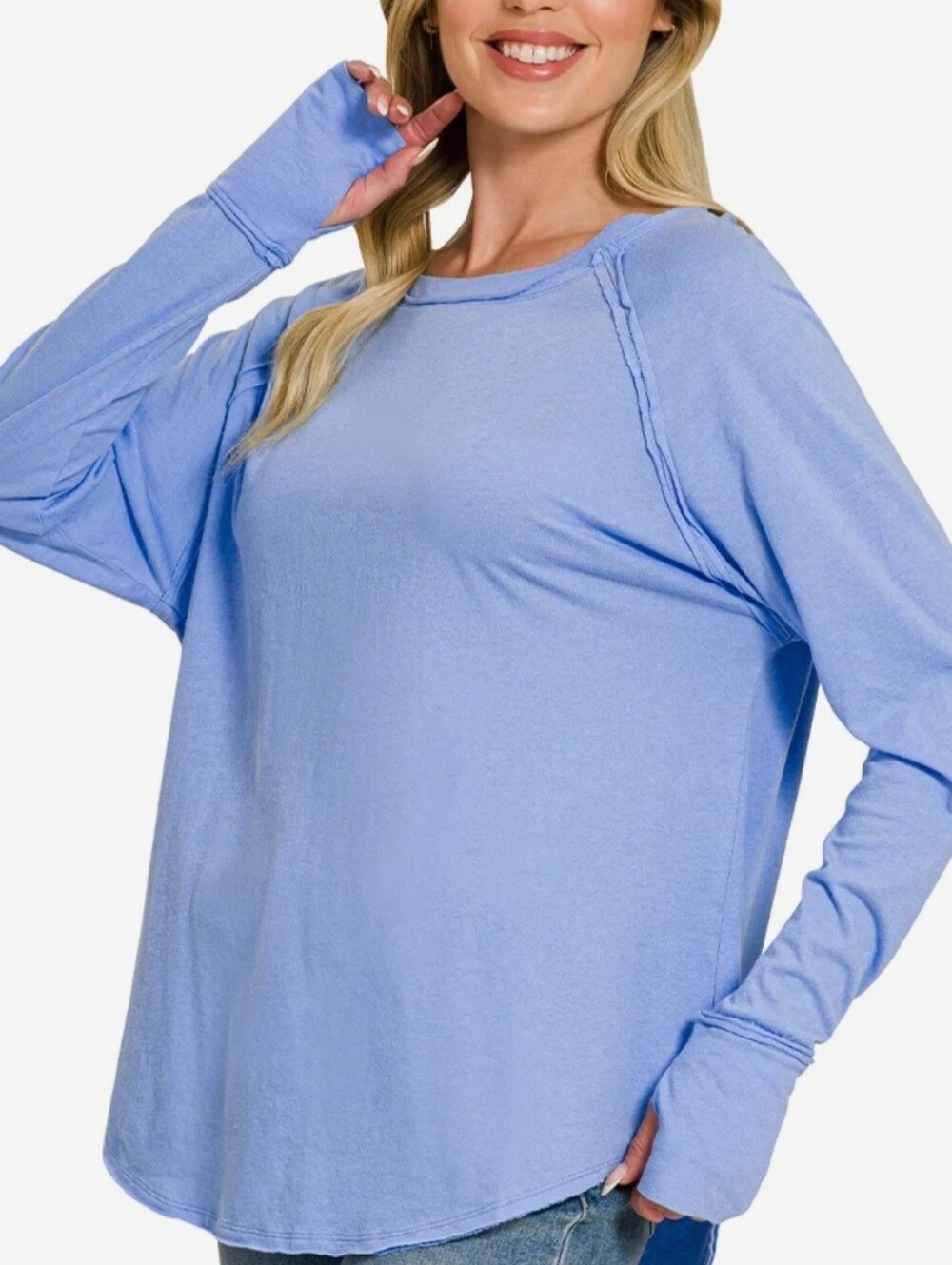Zenana Corn Flower Blue Raglan Top *Thumbholes!